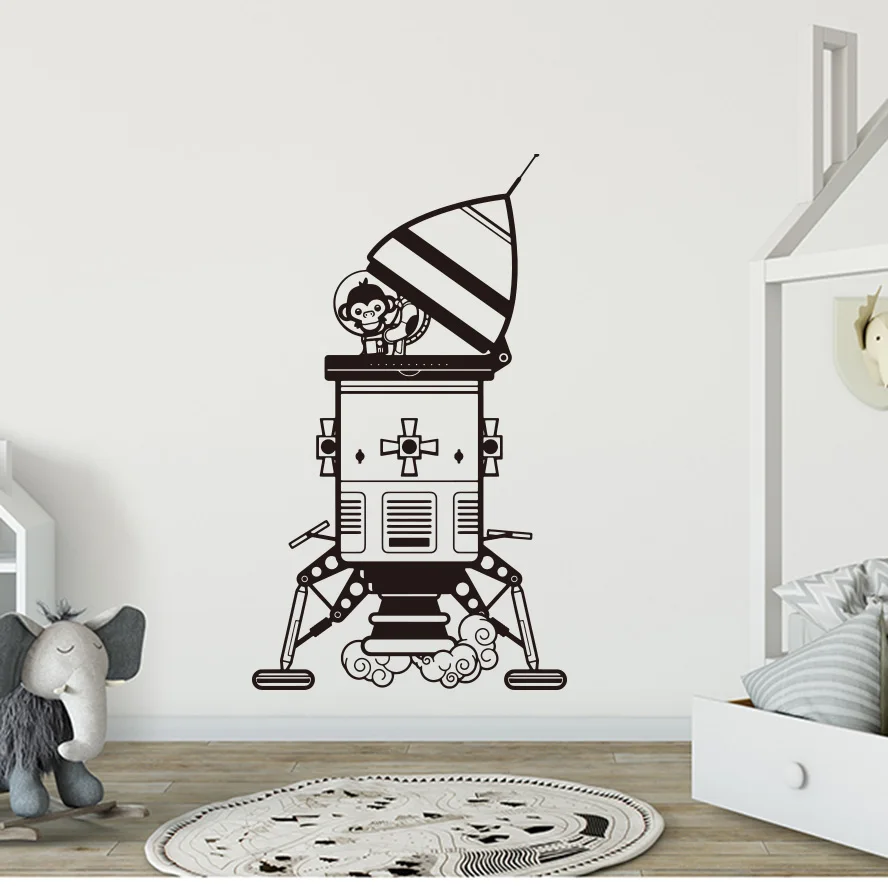 Cartoon Lunar Module Astronaut Monkey Satellite Wall Sticker Kids Room Astronomy Star Wall Decal Boy Room Bedroom Art