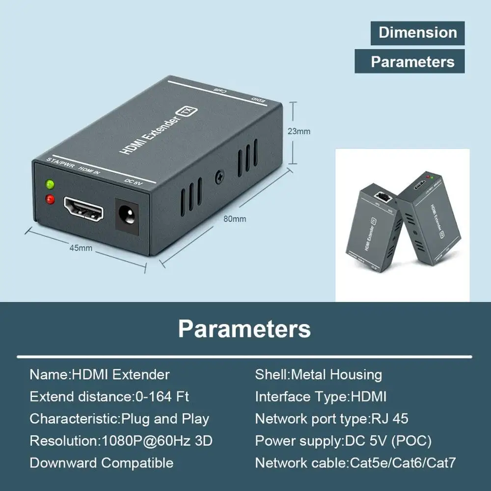 Przedłużacz HDMI, transmisja nieskompresowana 164 Ft Full HD, do 1080P przy 60Hz za pomocą pojedynczego Ethernet Cat5e/Cat6/Cat7, obsługa 3D i EDID i POC