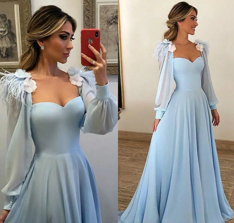 Luz azul vestidos de baile noite das mulheres mangas compridas chiffon para festa de casamento elegantes robes de soirée vestidos elegantes para mujer