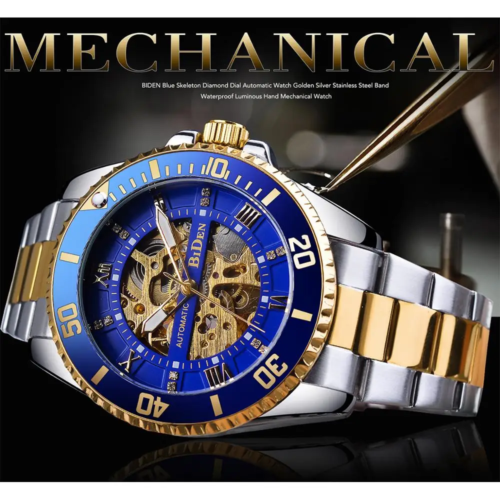 BIDEN Skeleton Diamond Dial Blue Golden Automatic Waterproof Stainless Steel Band Luminous Hand Roman Numerals Mechanical Watch