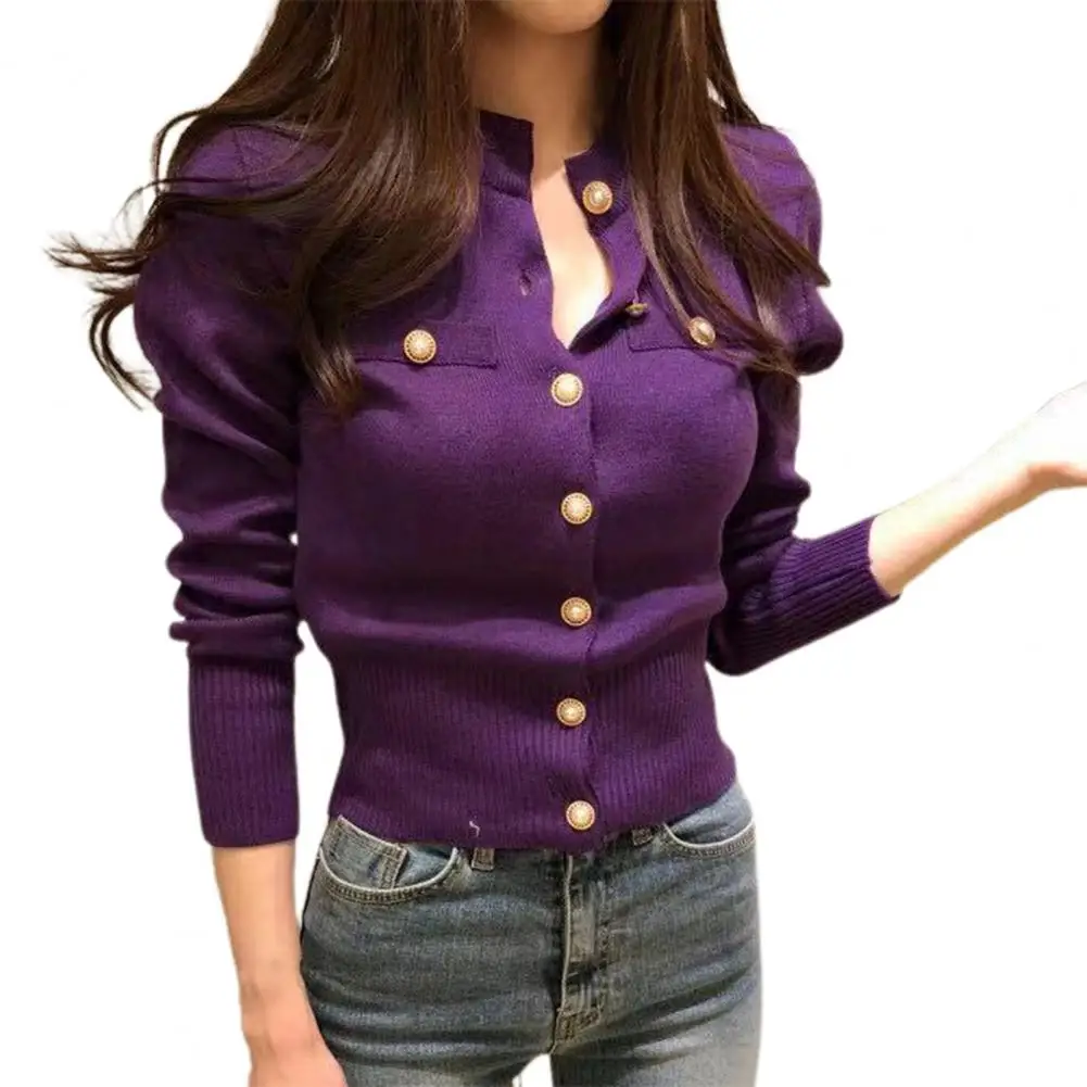 Women Cardigan Sweater Decorative Pockets Faux Pearl Buttons Knitted Coat Short Single Breasted Korean Slim Chic Ladies Tops