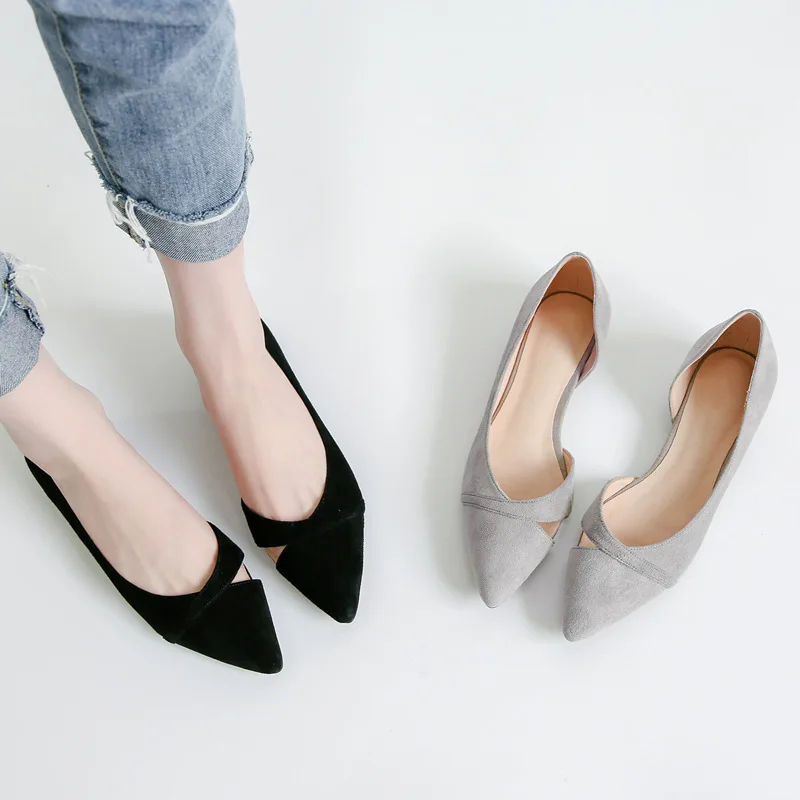 Women Shoes Flats Gray Pointed Toe Basic Simple Concise Flat Heel Shoes Extra Big Size 43 44 45 46 Small Size 31 32 33 Lady Shoe