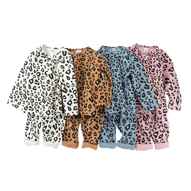 New Autumn Children Leopard Elastic Home Service Boys and Girls Baby Pajamas High Waist Belly Protector and Warm Two-piece Suit