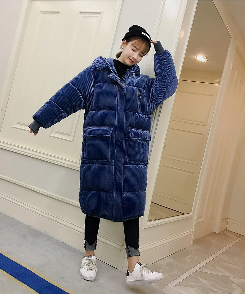 Corduroy Padded Cotton Jacket Coat Womens Winter Mid-length Thick Jacket New Korean Loose Down Parker Female Hooded Coat Fashion