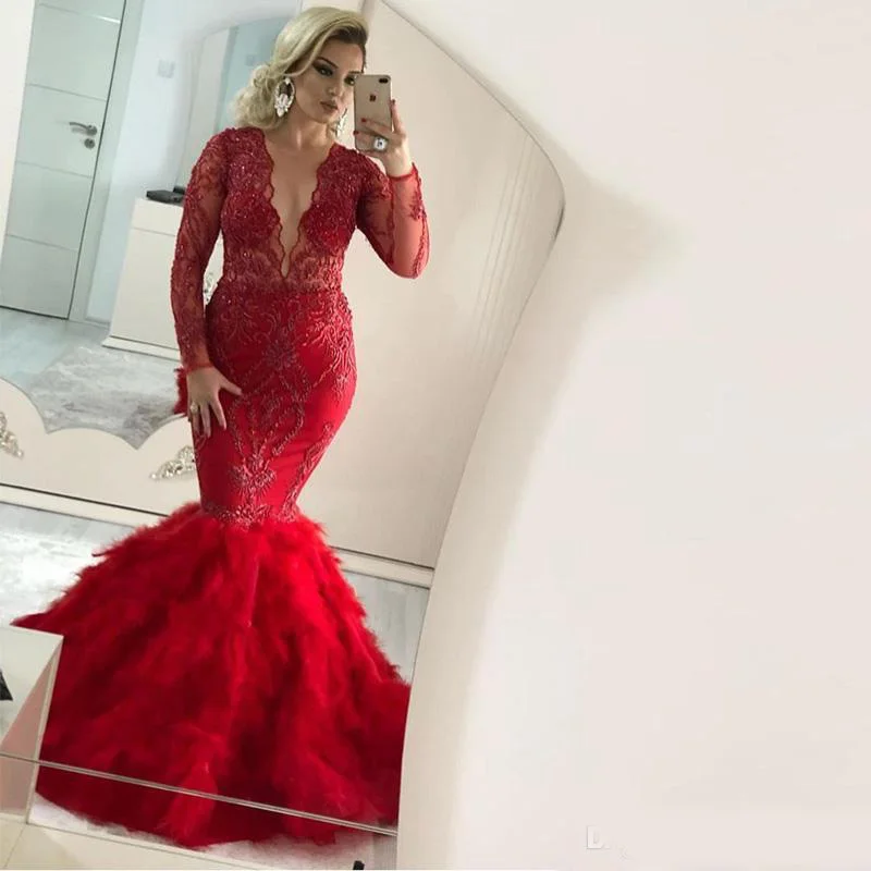 Plus Size Mermaid Red Prom Pageant Dresses with Long Sleeve 2020 Sparkly Lace Sequins Tiered Ruffles Skirt Trumpet Dubai Evening