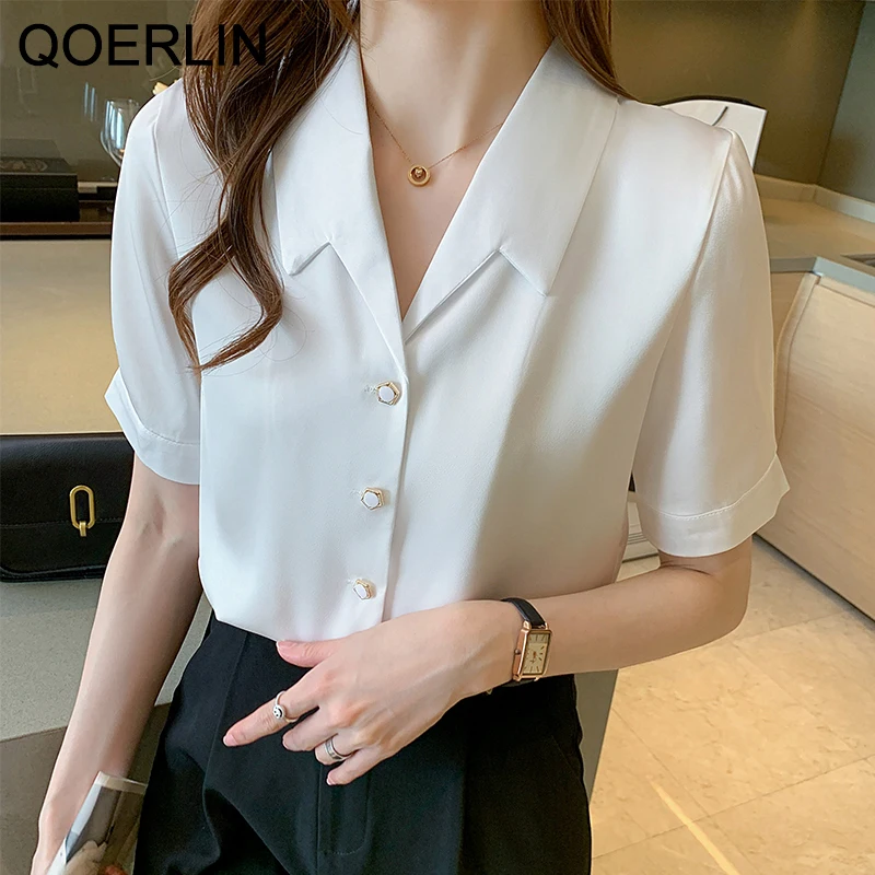 QOERLIN Office Ladies Short Sleeve Satin Shirt Female Elegant Formal OL Chic Button White Blouse Girl Sweet Tops Shirt Fashion