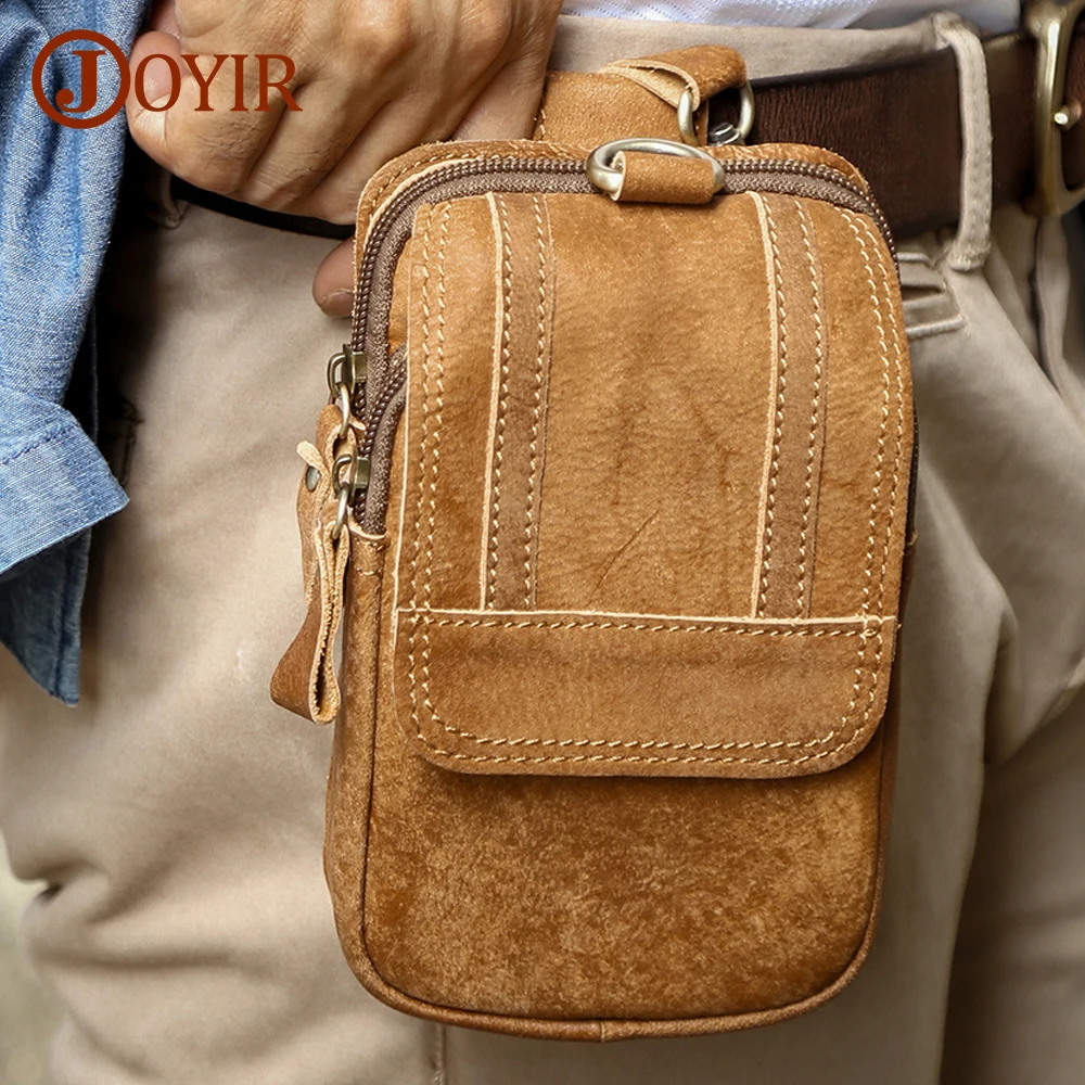 JOYIR-riñonera de cuero genuino para hombre, Bolso pequeño de piel de vaca para teléfono móvil, diseño de gancho