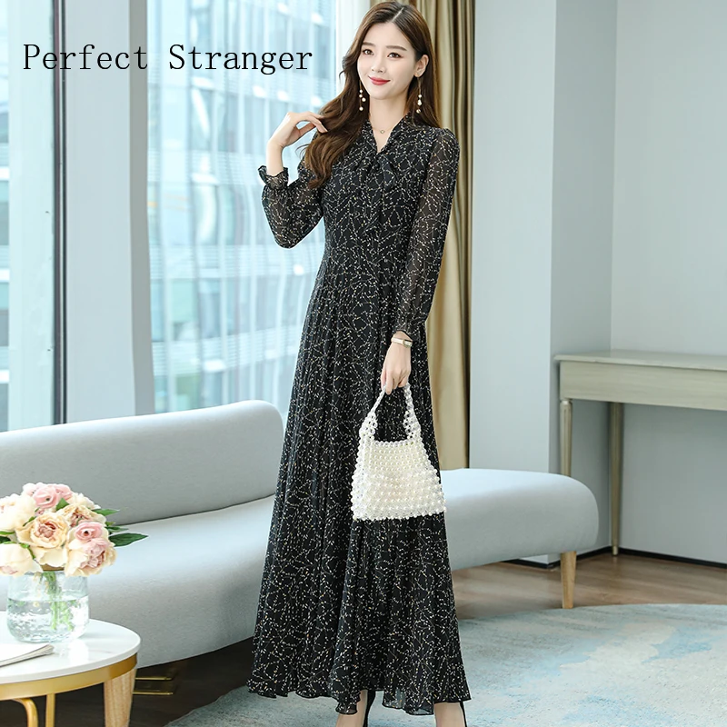 2021  S-XL Autumn New Arrival High Quality Bow Collar Flower Printed Long Sleeve Women Chiffon Long  Dress