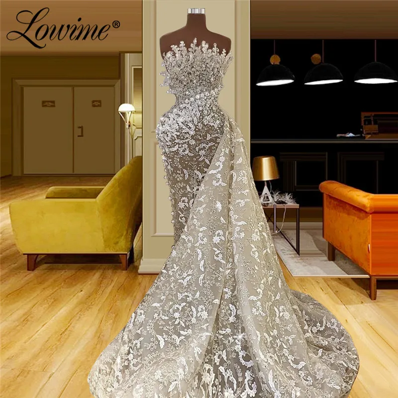 Lowime  New Design Luxury Long Party Dresses Pearls Mermaid Prom Dress 2021 Custom Made Lace Celebrity Dresses Evening Gown Robe