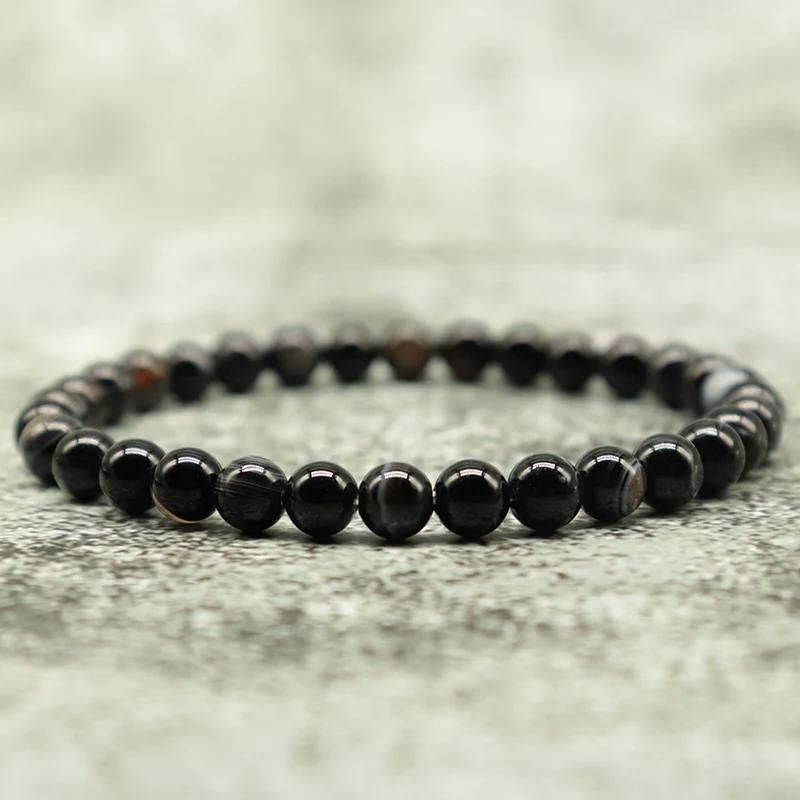 Minimalist Real Natural Black Agates Beads Bracelets For Men 4/6/8/10/12mm Smooth Stone Braslet Homme Leisure Accessories  Joias