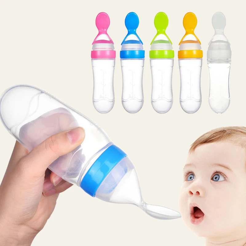 Yooap Safety Infant Silicone Baby Feeding With Spoon Feeder Food Rice Cereal Squeeze Feeding Spoon Milk Bottle Training Feeder