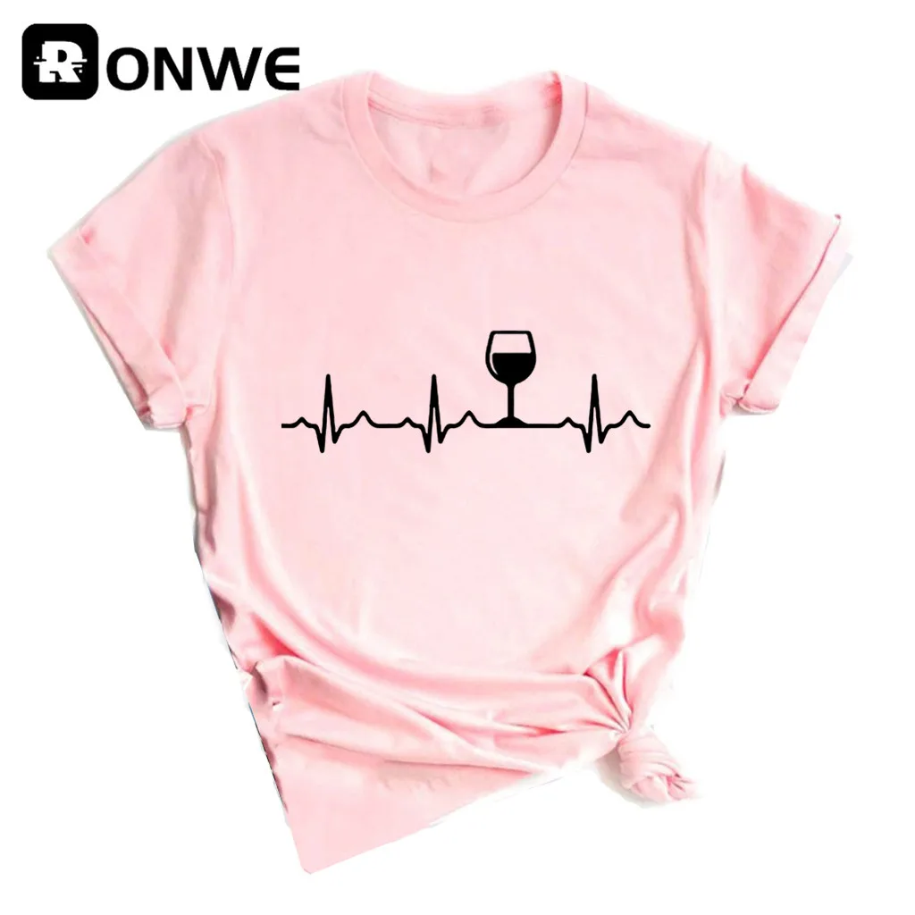 Wine Heartbeat Printed Short Sleeve Black Women T-shirt Girl Vintage Tops Tee Female Harajuku Clothing Streetwear,Drop Ship