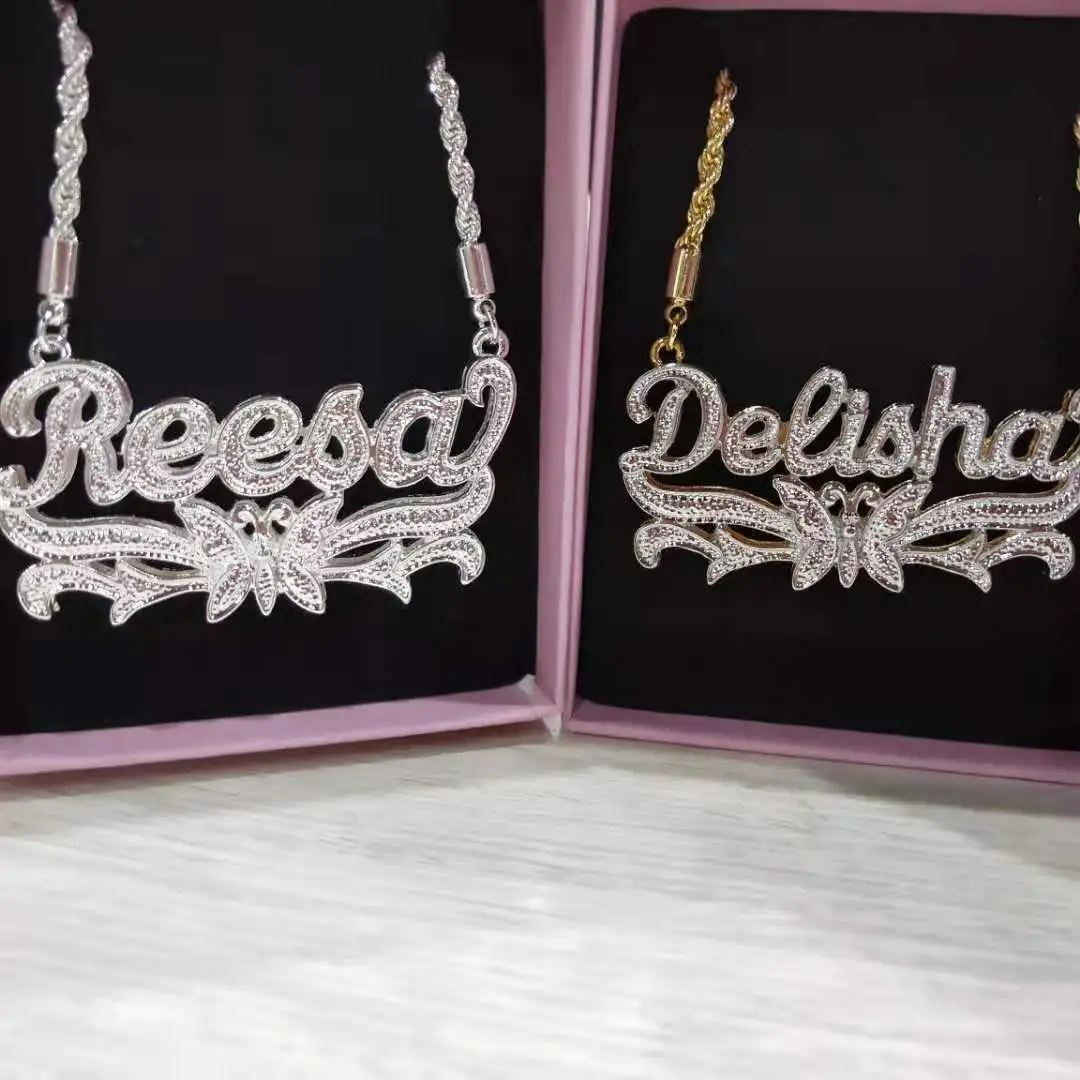 DOREMI Rope Chain 3D Necklace Butterfly Custom Name Necklaces Double Color Name Necklace Name Personalized Plated Nameplate