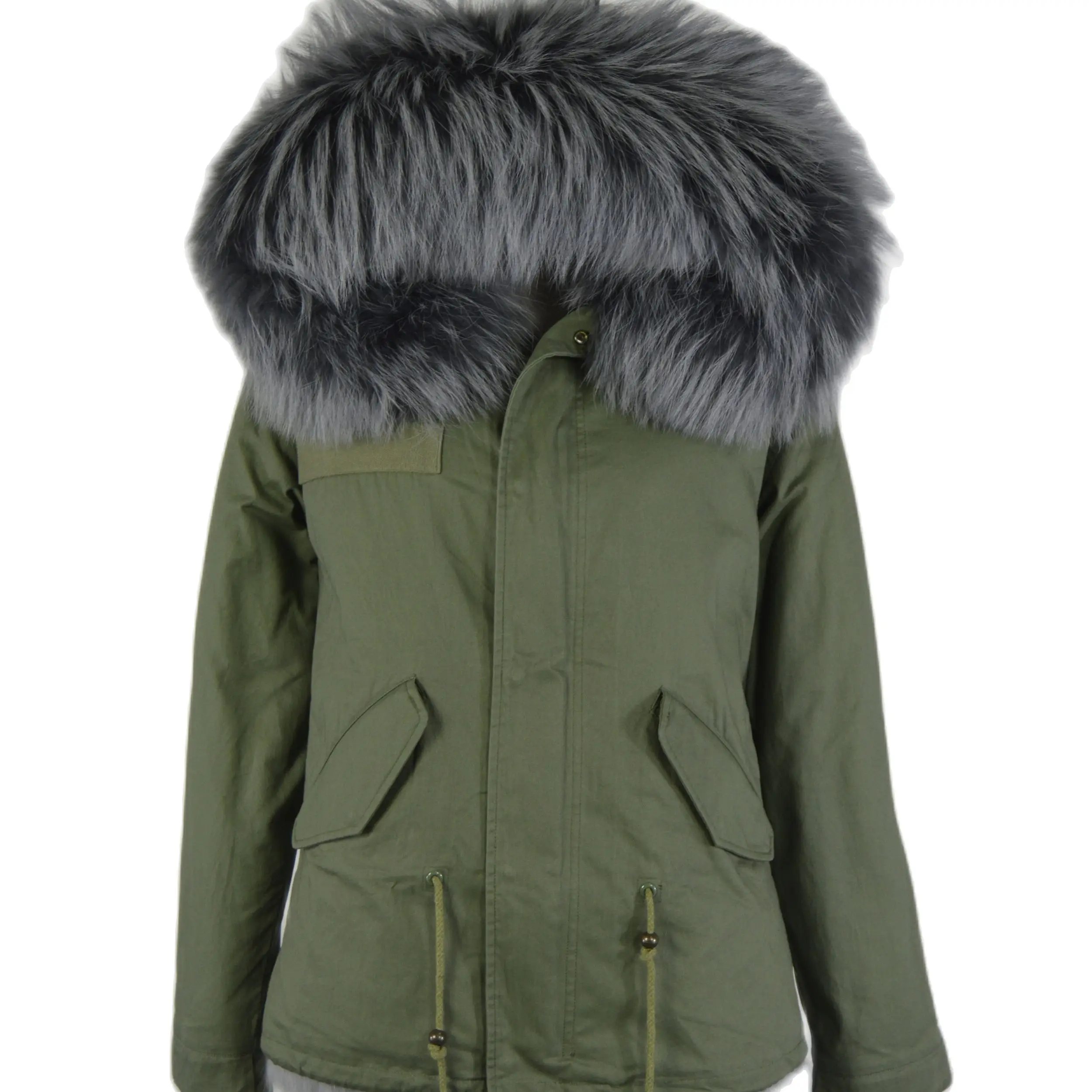 Fashion Padded Coat For Men And Women Grey Real Fox Fur Lining Overcoat Short Green Parka Thick Warm