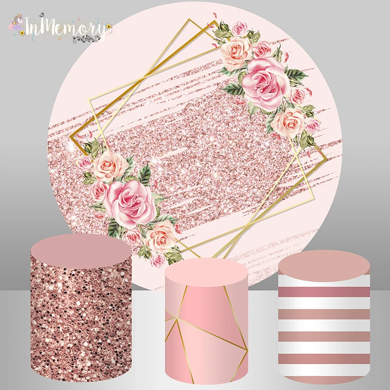 Round Circle Background Wedding Table Party Floral Flower Backdrop Bridal Rose Gold Glitter Baby Shower Candy Banner Cylinder