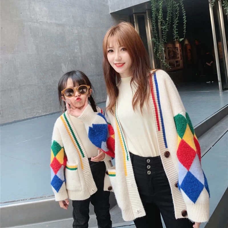 

2022 Spring New Japanese And Korean Popular Children's Girls' Coat Parent Child Sweater Thickened Knitted Cardigan Fashion