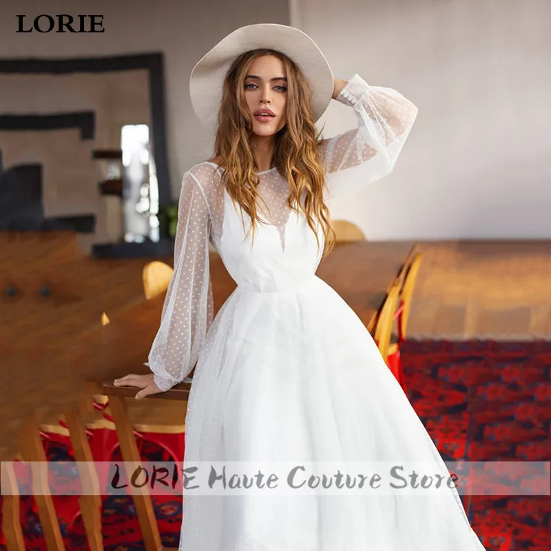 LORIE Gaun Pernikahan Pantai Bentuk A Gaun Pengantin Tulle Dot Sapu Lengan Puff Gaun Pernikahan Putri Buatan Kustom Boho Ukuran Plus