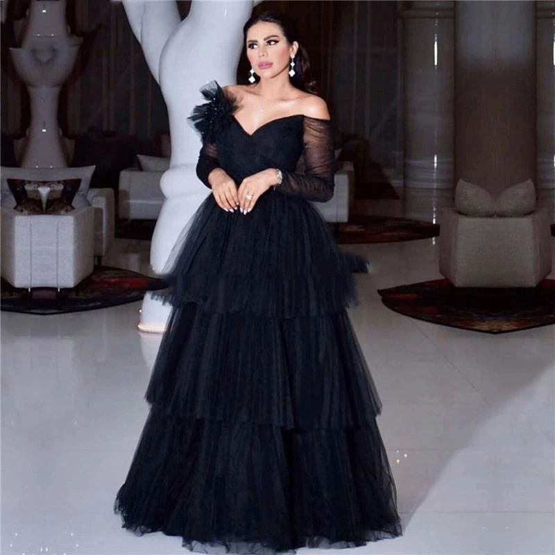 Sexy Black Tiered Off The Shoulder Evening Dress Women Long Sleeves A-Line Prom Party Gown Homecoming Sweetheart Robe De Soiree