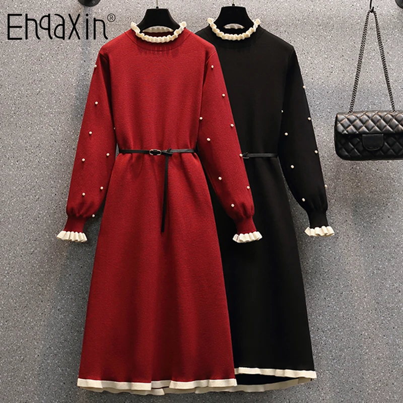 

EHQAXIN 2022 New Women's Knit Dresses Winter Wood Ear With Beaded Fashion Elegant High Waist Long Sweater Dress With Belt L-4XL