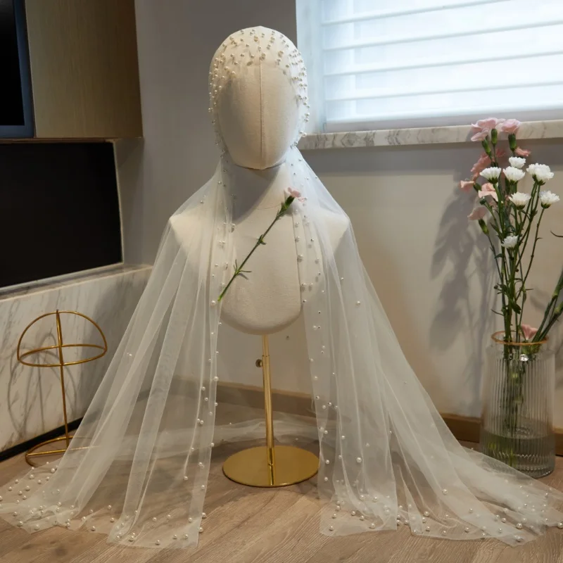 2022 nova tule cachecol véu de casamento elegante cabeça capa de noiva com pérolas beading velo novia voile femme musulman