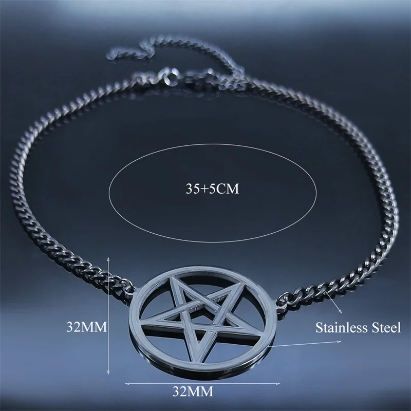 Satan Inverted Pentagram Stainless Steel Choker Necklaces for Women Black Color Chain Necklaces Jewelry bijoux femme N541BKS03