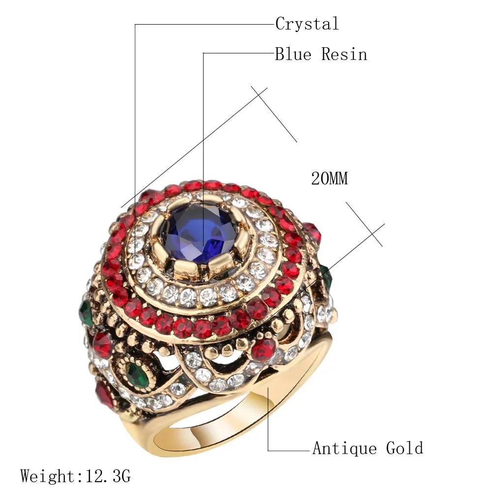 Kinel New Arrival Dubai Gold Antique Ring For Women Bohemian Blue Resin Inlay Crystal Punk King Ring Vintage Jewelry