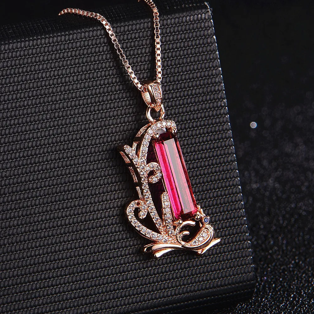 Vintage Luxury Peacock Red Crystal Ruby Gemstones Diamond Pendant Necklaces for Women Rose Gold Color Choker Chain Jewelry Gift