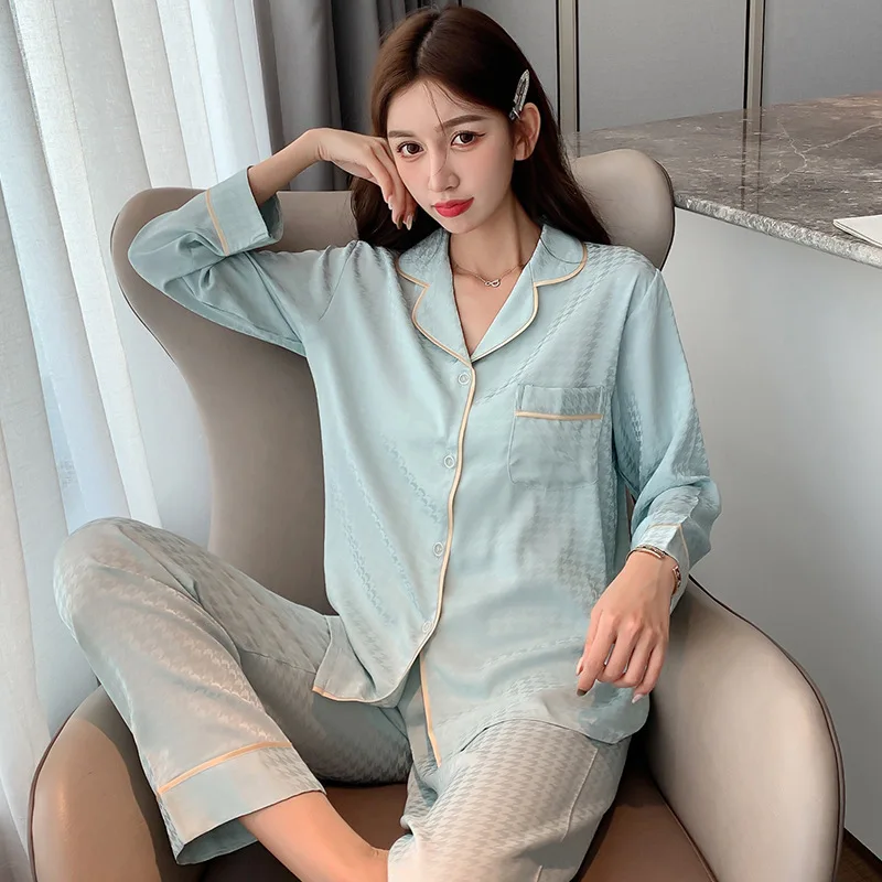 Personalized Name& Date Women Satin Pajamas Set Long Sleeve Long pants Sleepwear Pajamas Suit Female Homewear