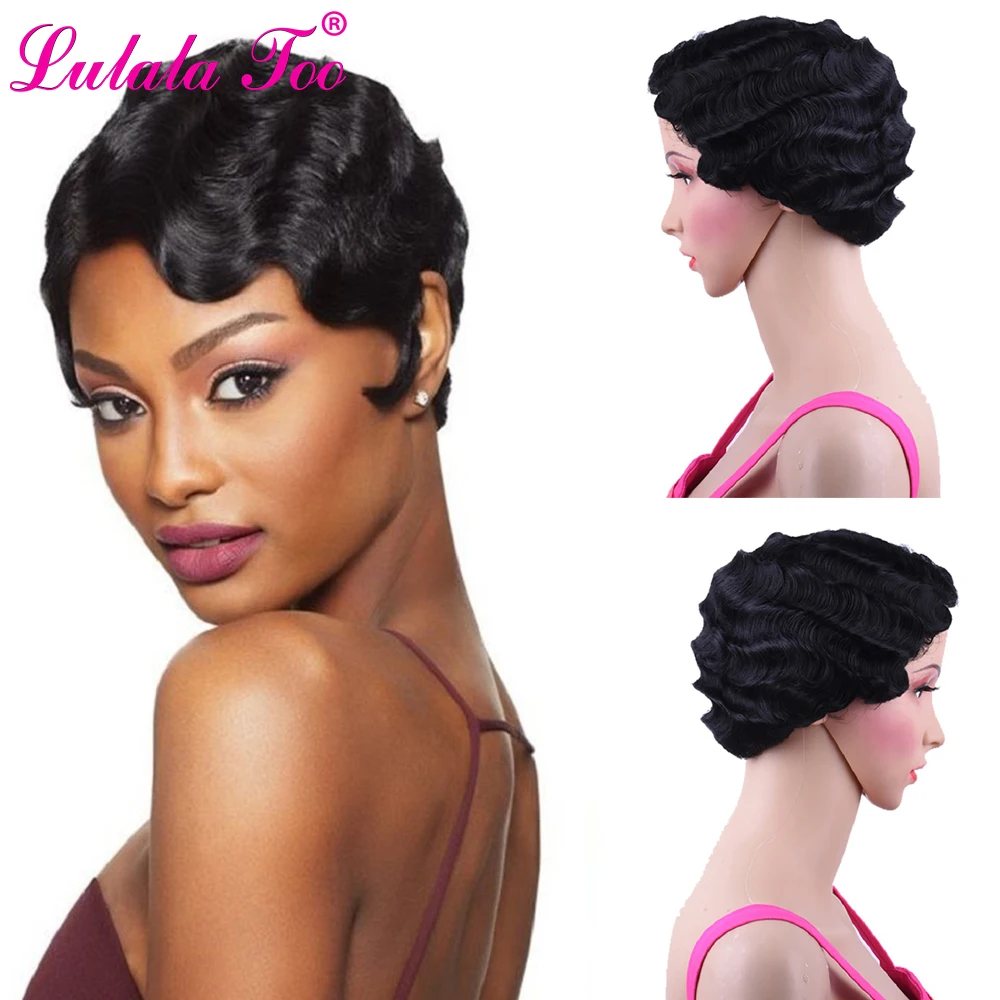 Peluca de cabello sintético para mujeres negras, pelo corto con ondas de dedo rojo, marrón, Rubio, rizado, resistente al calor, corte Pixie afroamericano, para mamá