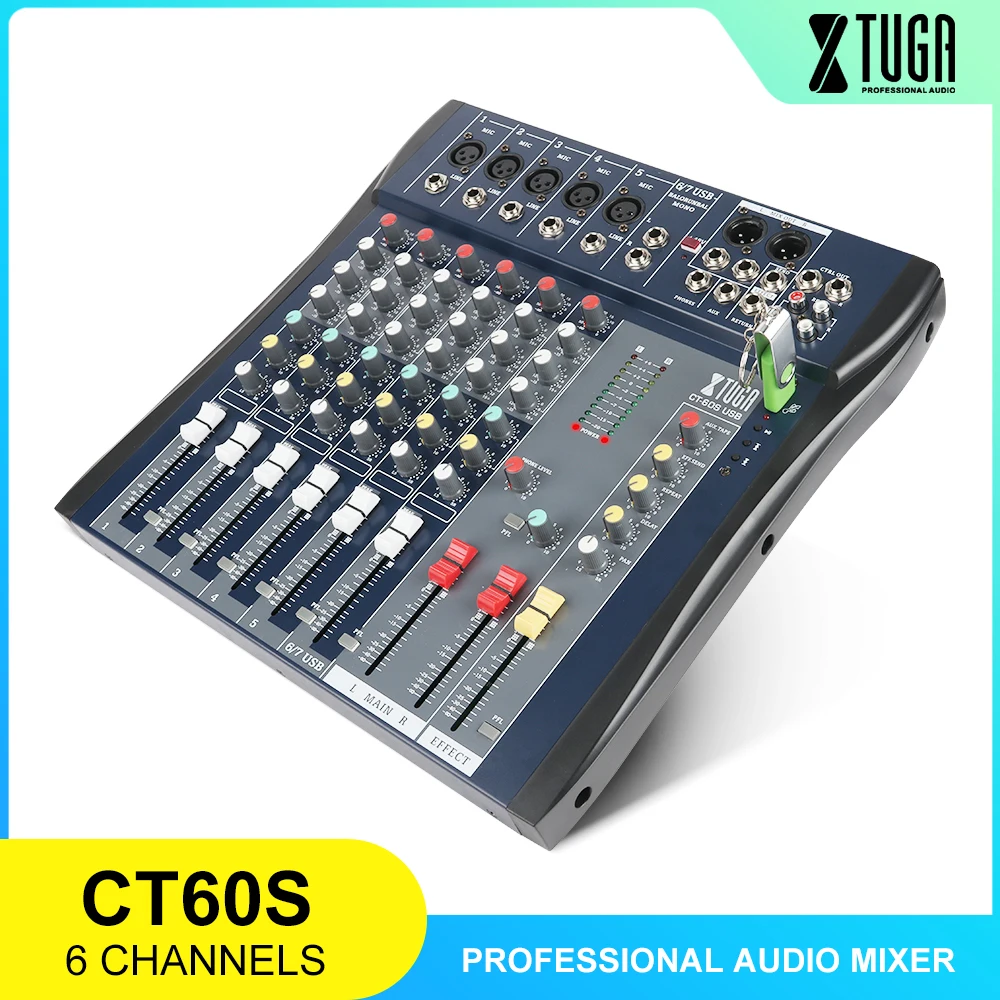 Xtuga-consola mezcladora de Audio CT60S-USB, 7 CANALES, micrófono, línea de Audio, USB, entrada XLR, 3 bandas, EQ, 48V, alimentación fantasma con adaptador de corriente