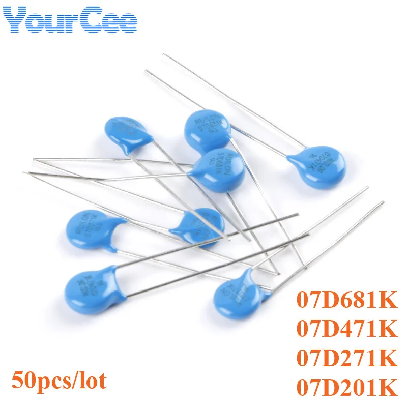 50pcs MOV Varistor Piezoresistor 07D201K 07D271K 07D471K 07D681K  DIP Resistor Resistence 200V 270V 470V 680V Accuracy 10%