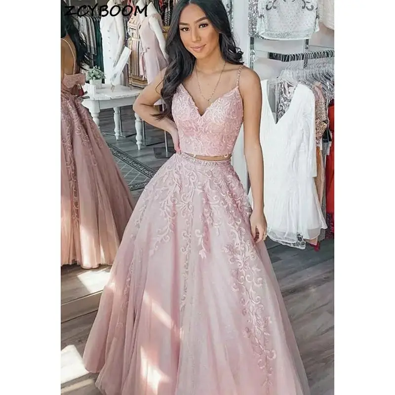 

Spaghetti Straps Prom Dresses 2023 Formal Party Night Vestidos De Gala Pink Lace Appliques Two Pieces Graduation Evening Gowns