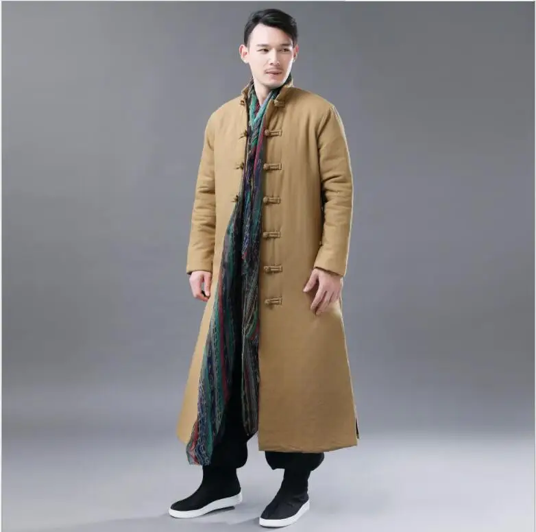 Robe longue d'hiver en coton pour hommes, vêtements longs, Style National chinois rétro, coton rembourré, couleur unie, loisirs, col montant