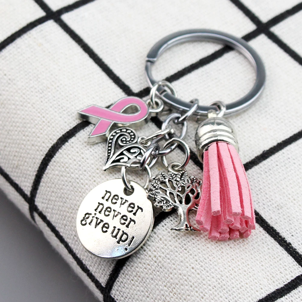 Breast Cancer Awareness Pink Ribbon Tassel Keychains Heart Life Tree Never Give up Charms Key Chain Jewelry