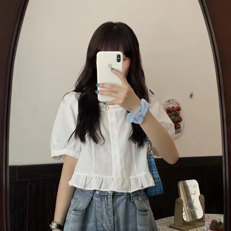 Ruffles Sweet Cute Cropped Shirt Women Summer Puff Short Sleeve Front Button Solid color Cotton Short Shirt Female Blouse Top