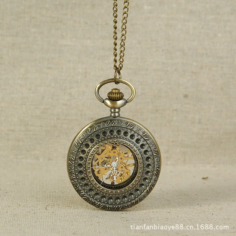 Large large circle stone mechanical pocket watch small round hole mechanical pocket watch gold surface high quality fine pocket