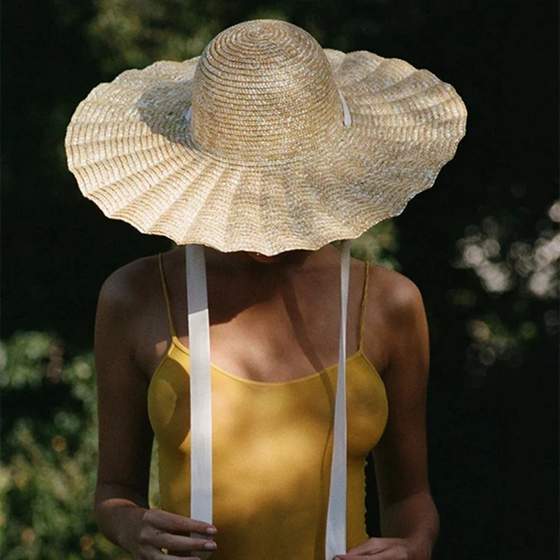 2020 New Large Brim Ribbon Straw Hat Summer Hats For Women Ribbon Beach Cap Beach hat Dome Top Sun Hat Holiday Elegant cap