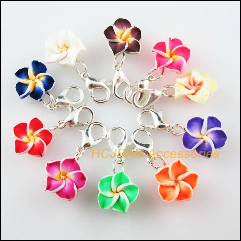 10Pcs Mixed Fimo Polymer Clay Star Flower Charms Silver Plated With Clasps