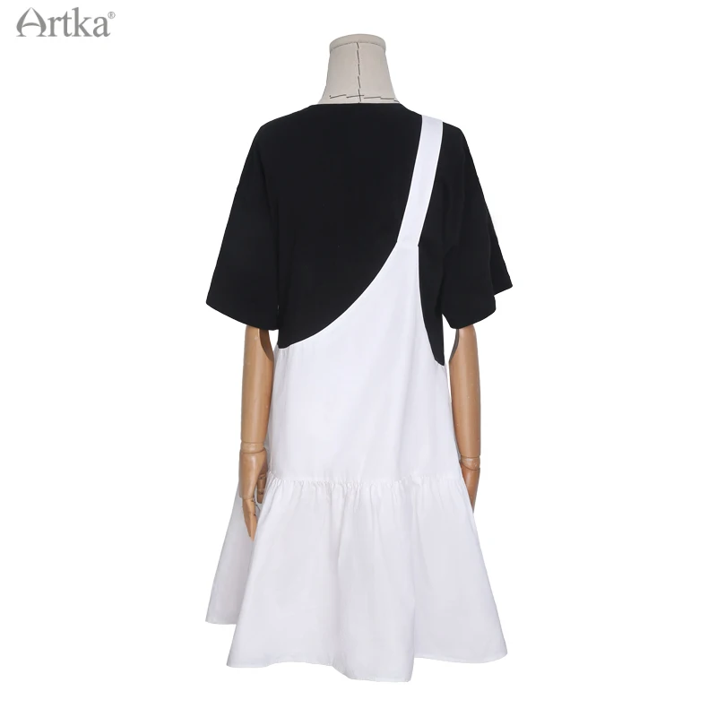 ARTKA 2021 Summer New Women Dress Fashion Strap Fake Two Piece Midi Dresses Loose Casual Ruffles Black T-Shirt Dress ZA25013X