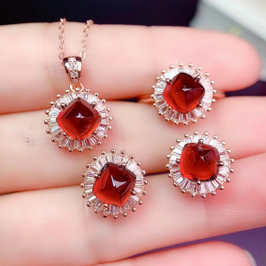 

KJJEAXCMY fine Jewelry 925 sterling silver inlaid natural Garnet girl vintage pendant ring earring set support test hot selling