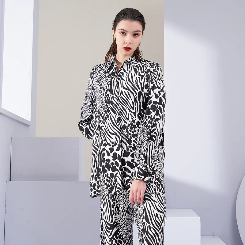 

Spring Summer Women Leopard Printing Long-Sleeved Pajamas Satin Comfortable Sleepwear Suit Leisure Pyjamas Home Clothes 2 Piece