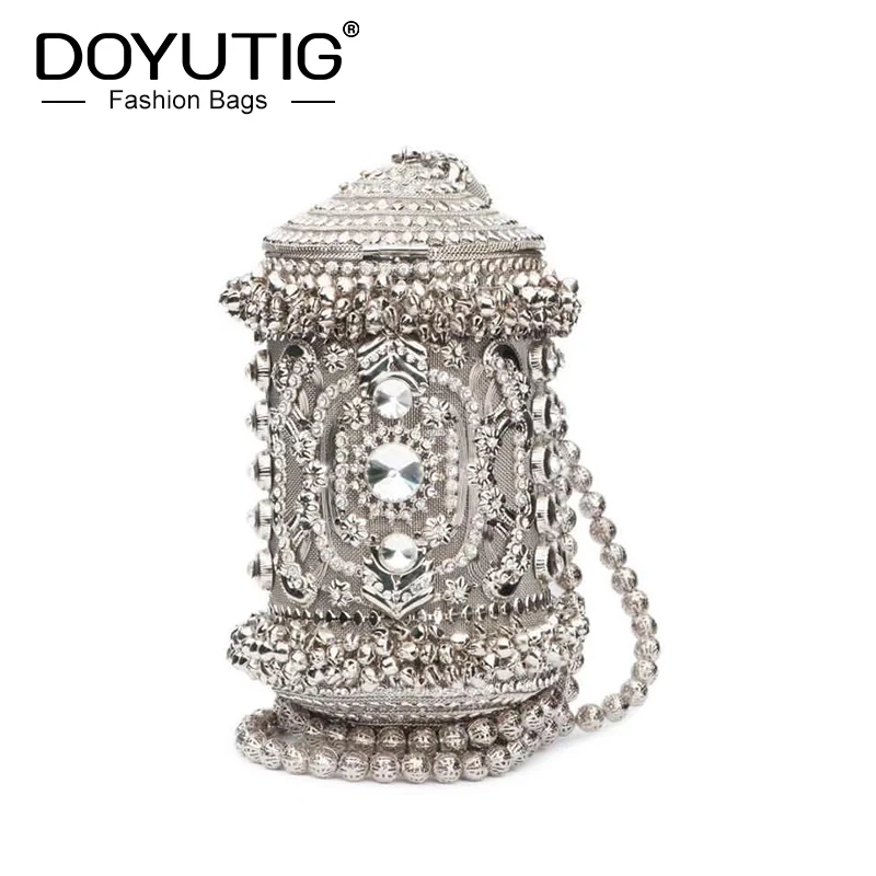 

DOYUTIG Indian Design Women's Metal Diamond Wedding Bag Classical Silver Color Handmade Bucket Evening Bag Fashion Handbag F824