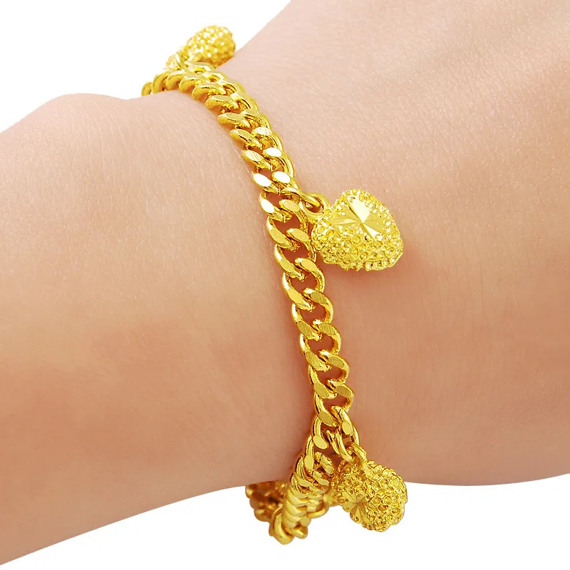 24K Gold Chain 4 MM Cuban Hanging Heart-shaped Pendant Gold Plated Fashion Bracelet Jewelry Gift