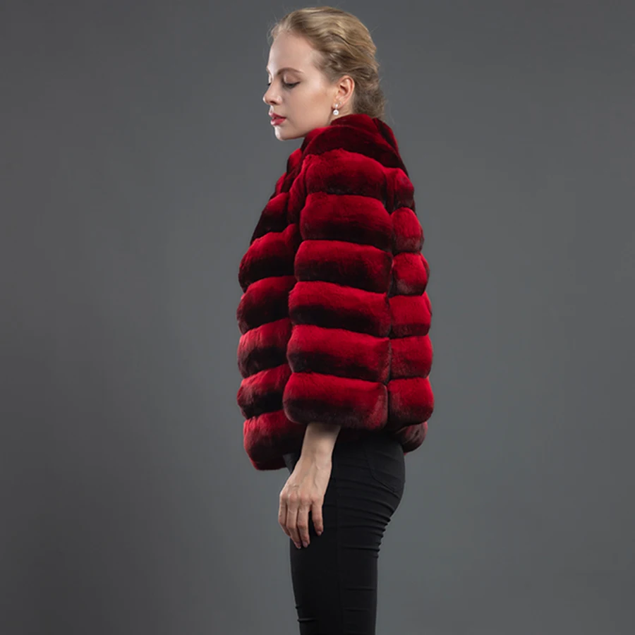 CNEGOVIK Real Rex Rabbit Fur Jacket Warm Fashion Winter Classic Chinchilla Color Cropped Stand Collar Fur Coat