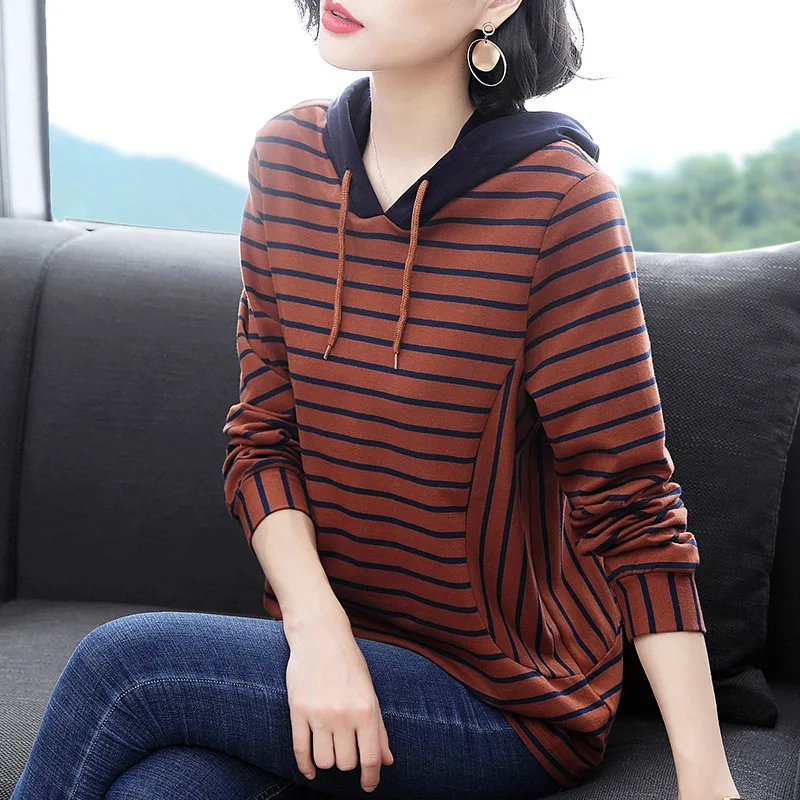 9020 herbst Winter Frauen Mit Kapuze Sweatshirt Striped Print Vintage Mode Verdicken Lose Vielseitig Casual Pullover Täglichen Weibliche