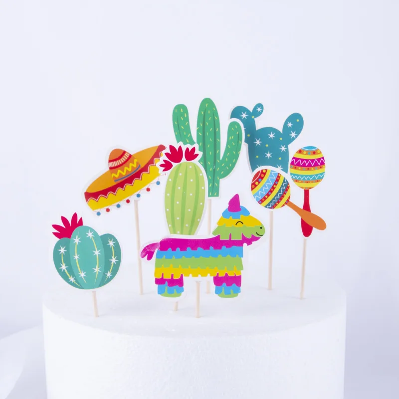 7pcs/lot Birthday Cake Flags Mexico Summer Cupcake Cake Topper Sombrero Desert Alpaca Cactus Cake Decor Pinata Party Xmas paper