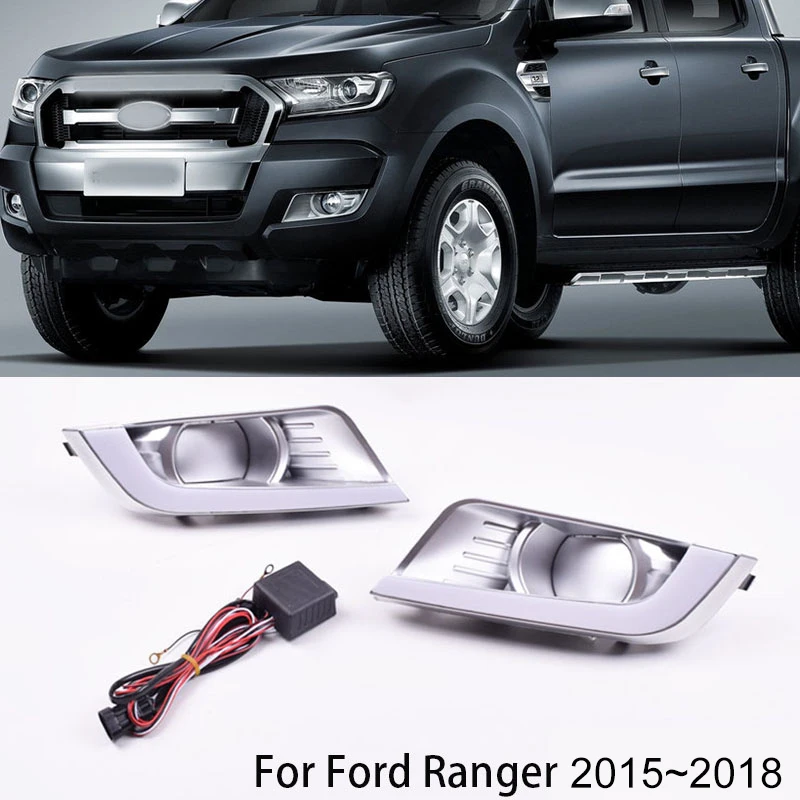 2 Pieces Car LED Daytime Running Lights with Turn Signal Yellow Style Replace Fog Lamp Covers DRL 12V for Ford Ranger 2015~2018