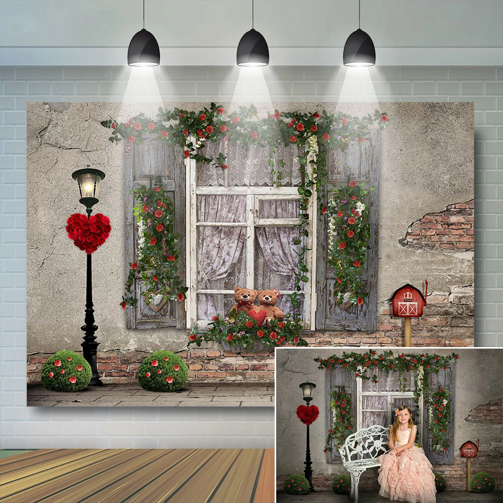 

Valentine's Day Brick Wall Steet Street Photography Background Lovers Bear Window Backdrop Rose Decor Dating Phone Photo Studio