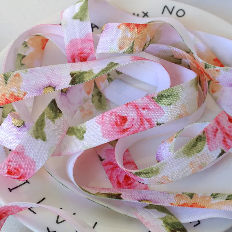 5Yards 1.5CM Width Flower Print Fold Over Elastic Floral FOE Ribbon for DIY Apparel Sewing Accessories Headwear Elastic Band