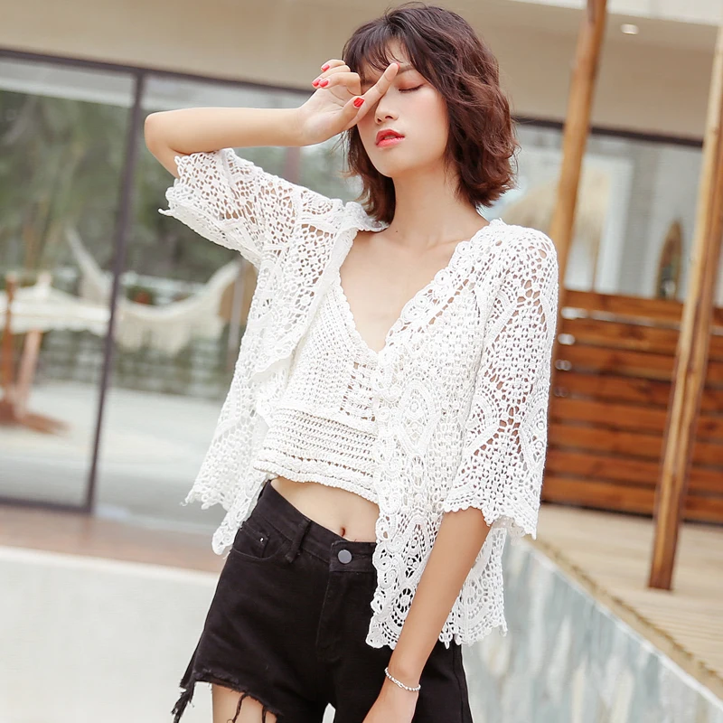 Boho style hollow out crochet lace tops women fashion kawaii half sleeve summer cardigan